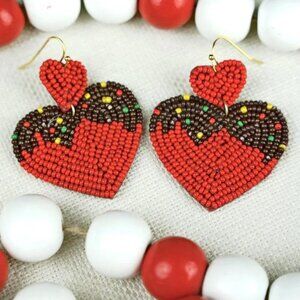 ICON Red Heart Valentine Shaped Seed Bead Statement Earrings NWT